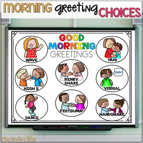 Help build classroom community and have a great day by creating a sign of morning greeting choices! Kindergarten, first grade, and second grade students will love making a greeting choice and greeting their teacher or classmates as they enter the classroom or during morning meeting. #morninggreetingchoices #classroomcommunity #morningmeeting Morning Welcome Classroom, Entering Classroom Greeting, Preschool Morning Greeting Ideas, Morning Classroom Greetings, Preschool Morning Greetings, Classroom Greeting Choices, Preschool Greetings, Morning Greetings For Classroom, Morning Greeting Choices