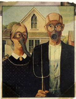 American Gothic Parodies: Gas Masks Illustration Radiation Art, Grant Wood Paintings, Radiation Poisoning, American Gothic House, American Gothic Painting, American Gothic Parody, Grant Wood American Gothic, Front Of A House, Radium Girls