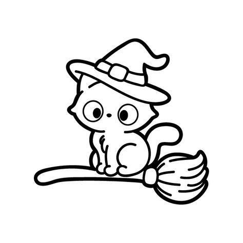 cute witch cat outline Halloween Outline Drawing, Witch Cat Drawing, Cute Outlines, Cute Halloween Drawings, Black Cat Drawing, Witch Drawing, Cat Outline, Get Ready For Halloween, Witch Clipart