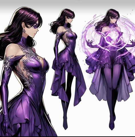 Purple Hero Suit Design Female, Purple Supersuit, Fantasy Hero Outfits, Magic Outfits Drawing, Purple Hero Costume, Fantasy Villain Outfit, Purple Superhero Suit Female, Purple Hero Suit, Superhero Oc Female Outfit