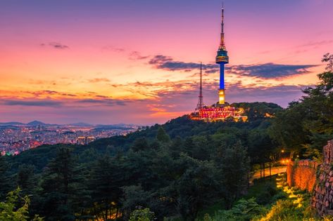 Sunset at namsan tower in seoul Premium ... | Premium Photo #Freepik #photo #travel #city #building #mountain Seoul Skyline, Seoul Travel Guide, Wallpaper Windows, Namsan Tower, Sk Telecom, Korea Wallpaper, Korea South, Seoul Travel, South Korea Travel