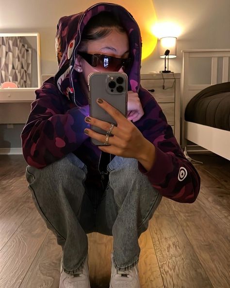 Bape Sweater Outfit, Bape Jacket Outfit Women, Purple Bape Hoodie Outfit, Red Bape Jacket, Purple Bape Jacket, Bape Fit, Purple Bape Hoodie, Bape Purple, Bape Sweater