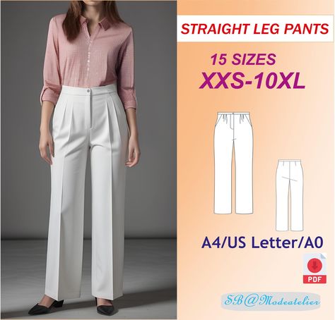 Classic Straight Leg Pants Sewing Pattern/XXS-10XL /High-Waisted Trousers Sewing Pattern/ Women's Classic Trouser PDF Pattern/Slacks Pattern Trousers Pattern Female, Sewing Patterns Trousers, Slacks Pattern, Slack Pattern, Big Size Pants, Trousers Sewing Pattern, Unique Sewing Patterns, Diy Skirts, Diy Pants