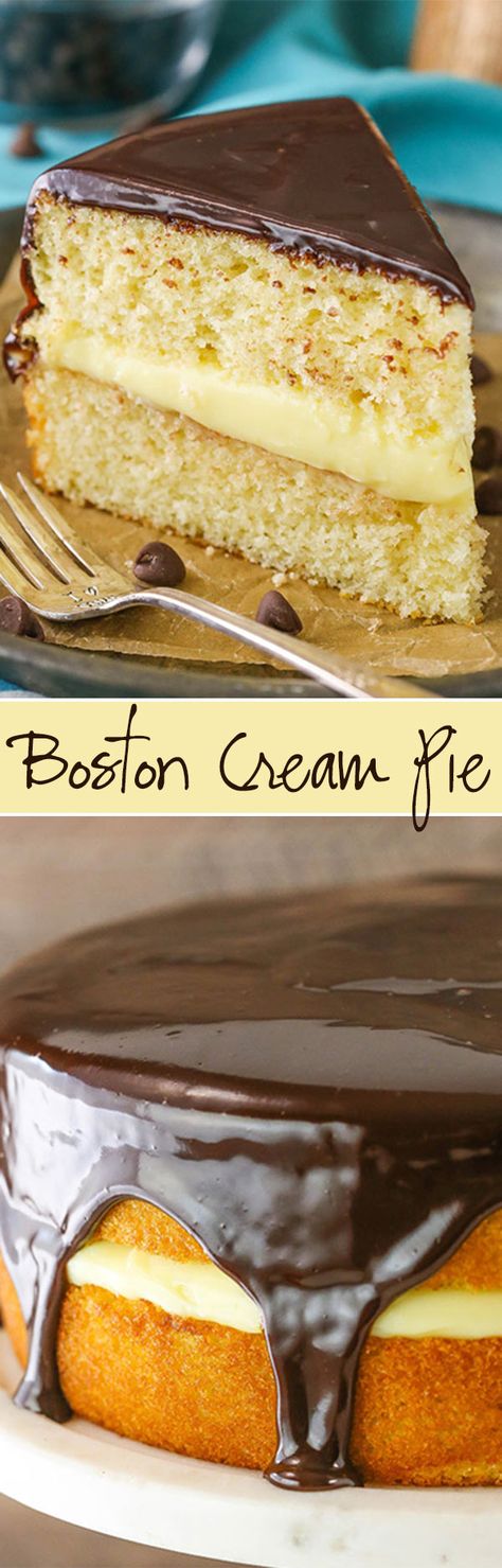 Boston Cream Pie! A classic vanilla cake with pastry cream filling and chocolate ganache! Easy Boston Cream Pie, Boston Cream Pie Cake, Boston Cream Pie Recipe, Boston Cream Cake, Pastry Cream Filling, Boston Cream Pie, Cream Pie Recipes, Boston Cream, Gateaux Cake