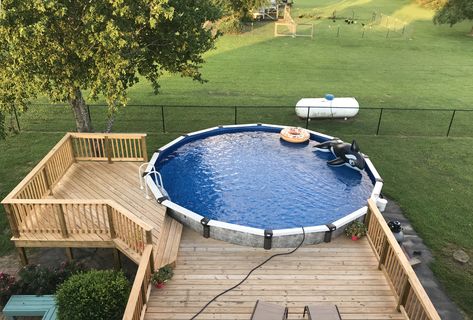 Above ground pool deck with multiple levels. 30 Ft Above Ground Pool Deck, Above Ground Pool Connected To Deck, Above Ground Pool With Deck Attached To House, Two Tier Deck With Above Ground Pool, Multi Level Deck With Above Ground Pool, 2 Level Pool Deck, Two Level Deck With Pool, Outdoor Deck Design, Decks Ideas