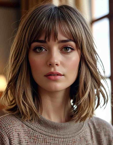 Curtain Bangs Medium Hair With Glasses, Layered Hair With Bangs Medium, Layered Shoulder Length Hair With Bangs, Collarbone Length Hair With Bangs, Blond Shades, Layered Hair With Curtain Bangs, Mid Length Hair With Bangs, Bob With Side Bangs, Jayne Matthews