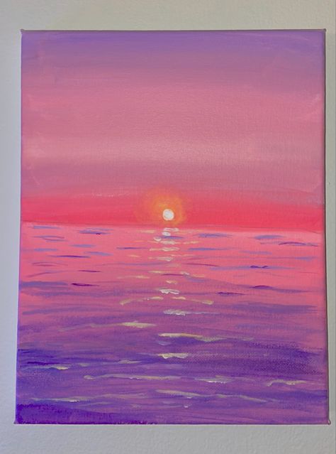 Beach Sunrise Painting Easy, Aesthetic Sunrise Painting, Pretty Sunsets Paintings, Oil Pastel Purple Sunset, Cute Easy Sunset Paintings, Easy Canvas Sunset Painting, Pink Sunset Aesthetic Painting, Purple And Blue Sunset Painting, Silhouette Painting Acrylic Easy