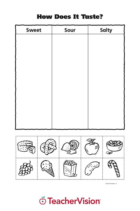 Taste Worksheets Preschool, Sweet Sour Salty Bitter Worksheets, Food Activities For Kindergarten, Sense Of Taste Worksheet, Candy Activities For Kids, Food Activity For Kids, Taste Activities, Food Activities For Kids, Sour Food