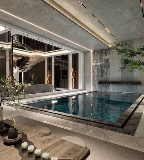 LUXURY MODERN INDOOR POOL :: Behance Modern Indoor Pool, Luxury Reception Design, Pool Design Modern, Luxury Reception, Luxury Pools Indoor, Modern House Design Interior, Indoor Pool House, Indoor Swimming Pool Design, Home Spa Room