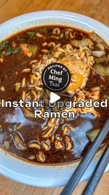 MingsBings on Instagram: "We’ve all had microwavable ramen... but have you had Chef @Mingtsai’s Instant Upgraded Ramen?? 🍜  INGREDIENTS 1 package Instant ramen (Choose one with chili oil and sauce, we used Samyang Hot Pepper JjaJang Ramen)  2 small heads bok choy, sliced into 1 inch pieces 2 scallions, sliced 20 oz of water  2 eggs Kosher salt and freshly ground black pepper  INSTRUCTIONS 1) In a medium saucepan, heat chili oil (if your ramen did not include oil, use 1 tbsp chili or neutral oil).  2) Add scallions and bok choy, sweat down. 3) Add 20 oz of water, bring to a boil, then add noodles. Cook for about 3 minutes.  4) Once the noodles have softened, crack two eggs directly into your pot so they sit on top of your noodles. Season eggs with S&P. Cover with a lid to cook eggs.  5) On Ramen Noodles With Boiled Egg, Upgraded Ramen, Ramen Noodles With Egg, Ramen Ingredients, Ramen Seasoning, Cook Eggs, Instant Ramen, Asian Soup, Hot Pepper