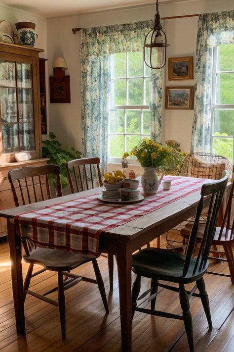 19 Enchanting Cottagecore Dining Rooms That Are Pure Magic : Heart's Content Farmhouse Quaint Kitchen Ideas, Cottagecore Dining Room, Cottage Style Dining Room, Old Farmhouse Kitchen, Primitive Dining Rooms, Cottage Dining Rooms, Country Cottage Kitchen, Wooden Table And Chairs, Wooden Home Decor