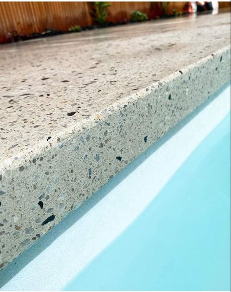 Terrazzo Pool Tiles, Terrazzo Pool Deck, Terrazzo Pool, Backyard Tiles, Cantilever Pool, Pool Area Landscaping, Pool Privacy, Aggregate Patio, Townhouse Backyard