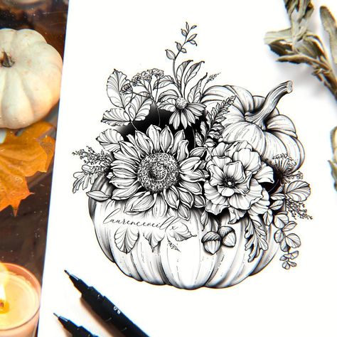 Autumn Tattoo Ideas, Tattoo Design For Women, Pumpkin Tattoo, Autumn Tattoo, Stencil Outline, Pumpkin Sunflower, O Tattoo, Star Tattoo Designs, Tattoo Zeichnungen