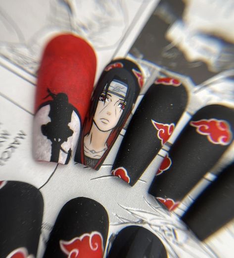 Sasuke Nail Art, Itachi Nail Art, Itachi Makeup, Itachi Nails, Naruto Nails Designs, Naruto Nail Art, Akatsuki Nails, Anime Nails Acrylic, Anime Nail Designs