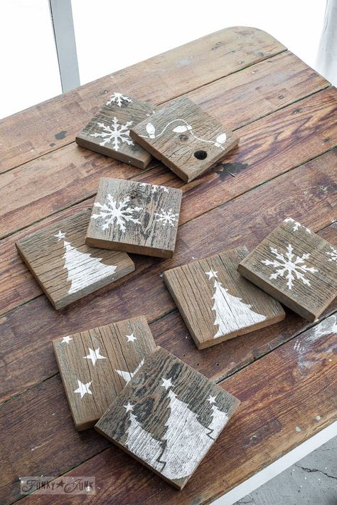 Rustic reversible coasters, Christmas one side, crate on the other, made with Funky Junk's Old Sign Stencils | funkjunkinteriors.net Spring Woodworking Ideas, Christmas Coasters Diy, Wood Coasters Christmas, Christmas Wooden Coasters, Wood Coasters Diy Painted Christmas, Winter Coasters, Scrap Wood Snowflake, Barn Wood Coasters, Coffee Gifts Card