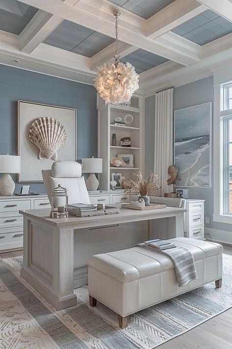 White Feminine Office, Reading Area In Office, Bloxburg Study Area Ideas, Coastal Office Decor Ideas, Light Blue Office Design, Blue And White Office Ideas, Coastal Accent Wall Ideas, Costal Office Room, Coastal Home Office Ideas