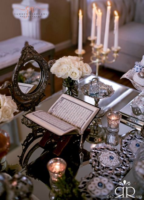 Iraqi Wedding Traditions, Sofreh Aghd Decoration, Kateb Kitab, Engagement Party Table Setting, Iraqi Wedding, Khatam Quran, Engagement Party Table, Nikkah Ceremony, Brides Table