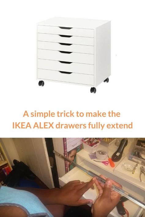 Q: Can I find full extension drawer slides for ALEX?. Scott had a question on extending the IKEA ALEX cabinet drawers fully. Here's my answer to him. #ikeahackers #ikeahack Ikea Alex 2 Drawer Desk, Alex Cabinet Hack, Alex Ikea Drawers Hack, Alex Hack Ikea, Ikea Alex Drawers Organization, Alex Drawers, Alex Drawer Hack, Ikea Alex Hack, Ikea Alex Drawers Hack