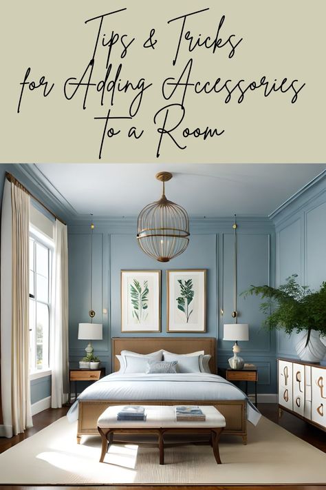 Tips and Tricks for Adding Accessories to a Room Mid Blue Bedroom, Painted Blue Bedroom, Blue Bedroom With Wood Trim, Interior Design Light Blue Walls, Blue Paneled Bedroom, Shades Of Blue Bedroom Ideas, Blue Bedroom Lighting, Blue Bedroom Dark Furniture, Two Tone Blue Bedroom Walls