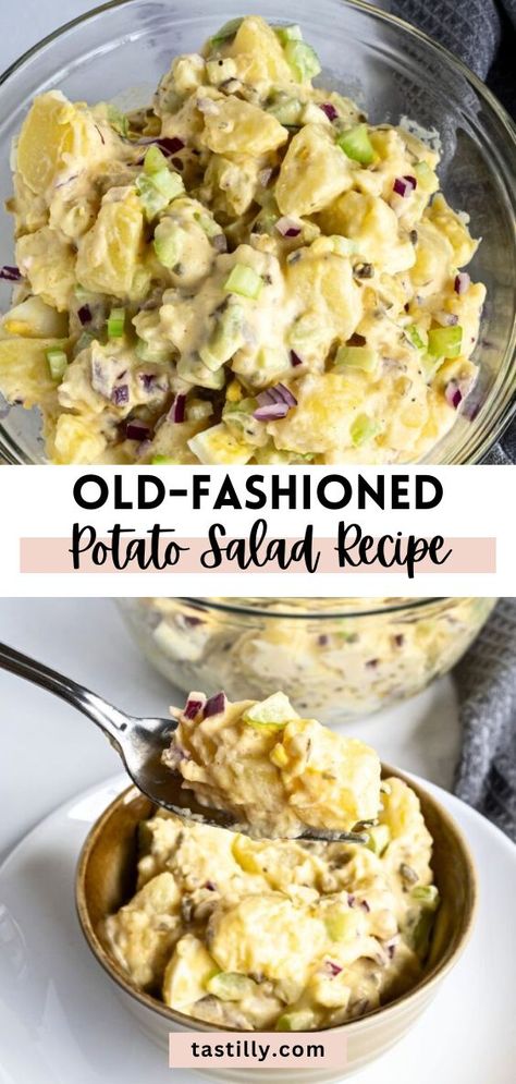 Easy to prepare and great for making in advance, this Potato Salad recipe is the perfect side for any barbecue, potluck party, or gathering. Minimal ingredients, a perfect blend of spices, and the surprise addition of relish make it outstandingly delicious. Old Fashioned Potato Salad, Deviled Egg Potato Salad, American Potato Salad, Best Potato Salad Recipe, Homemade Potato Salads, Southern Potato Salad, Red Potato Salad, Potato Salad Recipe Easy, Baked Potato Salad