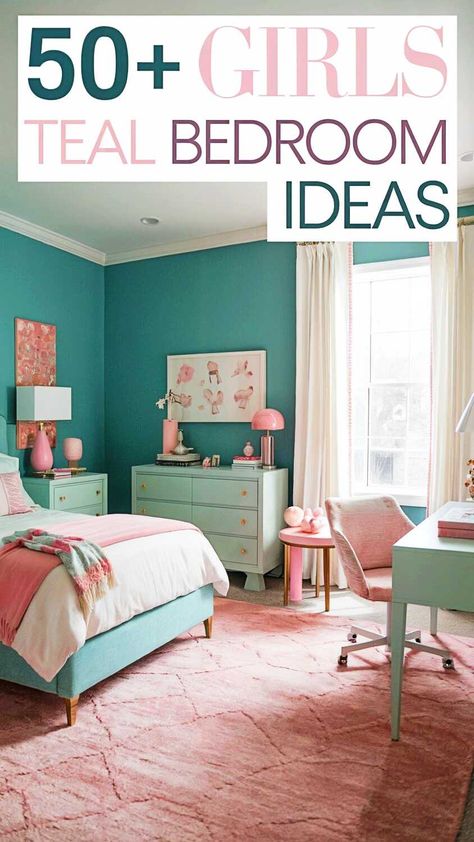 50+ Girls Teal Bedroom Ideas Teal And Blush Pink Bedroom, Teal And Leopard Bedroom, Mint And Purple Bedroom, Teal Pink Purple Bedroom, Palm Beach Inspired Bedroom, Sherwin Williams Tidewater Bedroom, Cyan Room Ideas, Colorful Guest Bedroom Ideas, Girl Bedroom Colors