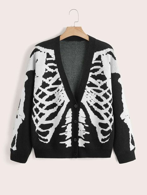 Punk Skeleton, Skeleton Pattern, Shoulder Cardigan, Drop Shoulder Cardigan, Pullover Outfit, Goth Outfits, V Neck Cardigan, Women Sleeve, Grunge Style