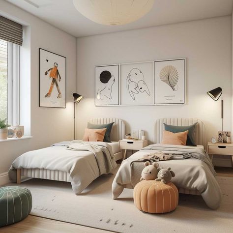 Unisex Elegance with Neutral Children's Bedroom Concepts for All • 333+ Images • [ArtFacade] Room With 2 Twin Bed Ideas, 2 Bed Kids Room, Kids Twin Bedroom Ideas, Kids Bedroom 2 Beds, Small Bedroom With Two Beds, Scandinavian Boys Room, Split Boy And Girl Room, Small Bedroom Kids Ideas, Kids Room Two Beds