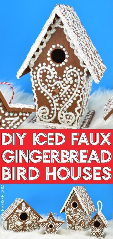 DIY Iced Faux Gingerbread Birdhouses ⋆ Dream a Little Bigger Holiday Birdhouses, Faux Gingerbread, Diy Gingerbread, Easy Gingerbread, Hand Painted Birdhouses, Birdhouse Ornaments, Bird Houses Ideas Diy, Gingerbread Diy, Vintage Christmas Crafts