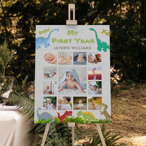 Baby Photo Collages, Foam Board Sign, Dinosaur Birthday Theme, Boys 1st Birthday Party Ideas, Dinosaur Themed Birthday Party, Dinosaur First Birthday, Theme Pictures, Picture Boards, My First Year