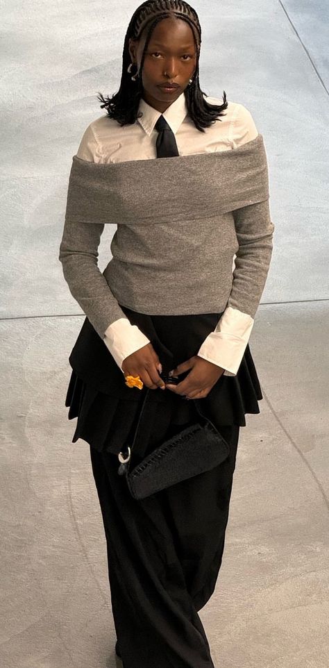 Blouse Under Dress Outfit, Colour Pairing Outfit, Formal Artsy Outfit, Tabi Heels Outfit, Wide Shirt Outfit, Time Capsule Wardrobe Outfits, Eccentric Outfits Black Women, Elegant Masculine Outfit Women, Outfits With Black Slacks