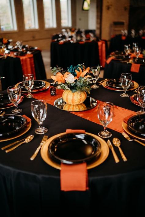 Black And Terracotta Table Setting, Black And Orange Table Decor, Burnt Orange Halloween Wedding, Orange Black And Gold Party Decor, Black And Orange Thanksgiving Table, Black And Orange Wedding Decor, Black And Orange Fall Wedding, Orange And Black Wedding Theme, Black And Burnt Orange Wedding