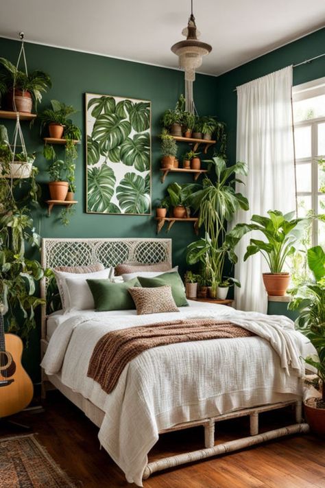 A stunning jungle-themed Boho bedroom with vibrant botanical wallpaper, bamboo accents, and cozy hammock chairs. Get inspired to create your own adventurous wonderland with our design ideas. #JungleBohoInspiration #TropicalDecor #BohemianRetreat Jungle Master Suite, Design Small Bedroom Ideas, Bedroom Interior Aesthetic, False Ceiling Design Bedroom, Bedroom Playlist, Beds On Floor Ideas, Design Small Bedroom, Jungle Aesthetic, Bedroom French