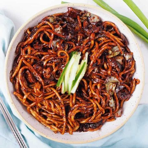 Jajangmyeon Black Bean Noodles - Christie at Home Jajangmyeon Recipe, Black Bean Paste, Black Bean Noodles, Bean Noodles, Korean Noodles, Black Bean Sauce, Korean Dishes, Asian Inspired Recipes, Chinese Dishes