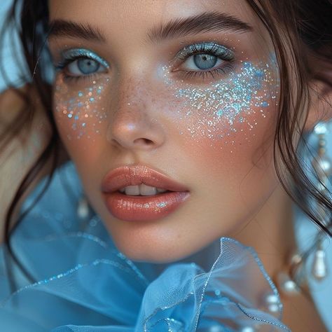 Eyeshadow Looks Glitter, Light Blue Prom Makeup, Blue Prom Makeup, Strong Makeup, Ice Queen Makeup, Sweater Art, Emerging Markets, Lip Shade, Asian Makeup Tutorials