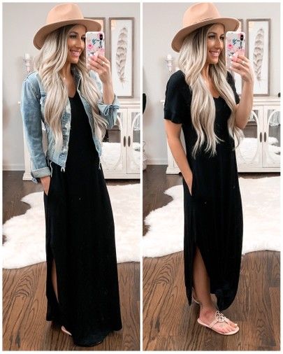 Casual Black Maxi Dress, Casual Dress With Sandals, Hats With Dresses Outfits, Spring Outfits With Hats, Summer Dress With Hat, Outfit Ideas With Hats Winter, Outfit With A Hat, Jacket With Black Dress, Casual Black Maxi Dress Outfit