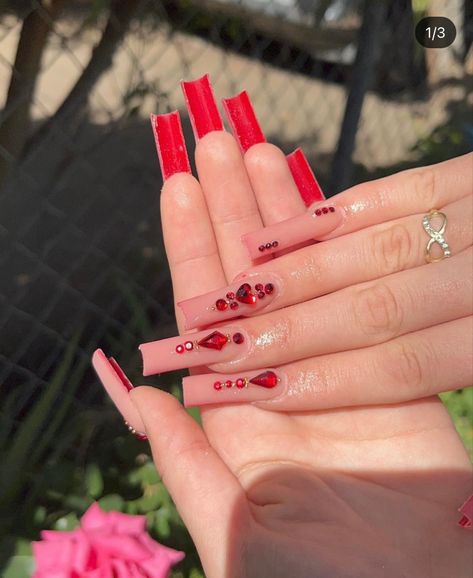 Simple Buchifresa Nails, Mexican Nails Designs Acrylic Red, Ruby Color Nails, Buchi Fresa Acrylic Nails, Simple Red Quince Nails, Long Acrylic Nails Square Red, Long Acrylic Nails Mexican, Latina Red Nails, Red Nails Square Long