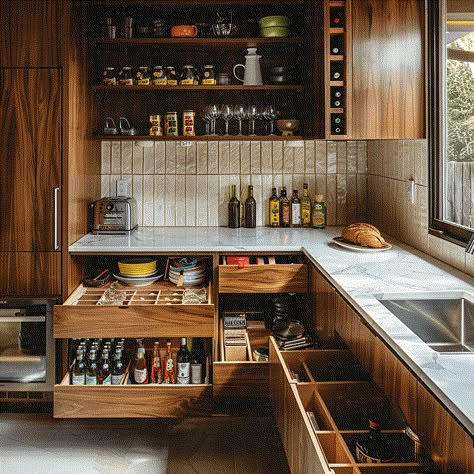 Modern Kitchen With Butlers Pantry, 60s Mid Century Modern Kitchen, Cabinet Inspo Kitchen, Utilitarian Kitchen Design, Male Kitchen Ideas, Modern German Kitchen, Vintage Wood Cabinets Kitchen, Walnut Kitchen Cabinets With Wood Floors, Mid Century Inspired Kitchen