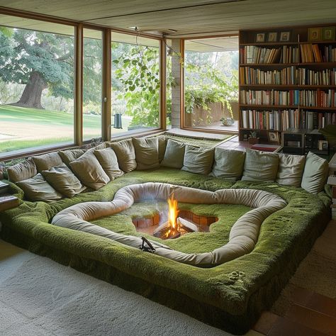 The Moss Meadow Conversation Pit is a serene, cozy space inspired by the tranquility of a lush meadow. Featuring moss-green upholstery, natural wood accents, and earthy tones, it offers a comfortable and immersive retreat for intimate conversations and relaxation. Conceptual AI Art Follow @ecosapiens for more! Conversations Pits, Green Conversation Pit, Faux Conversation Pit, Conversion Pit, Diy Conversation Pit, Talking Pit, Couch Pit, Conversation Pit 70's, Modern Conversation Pit