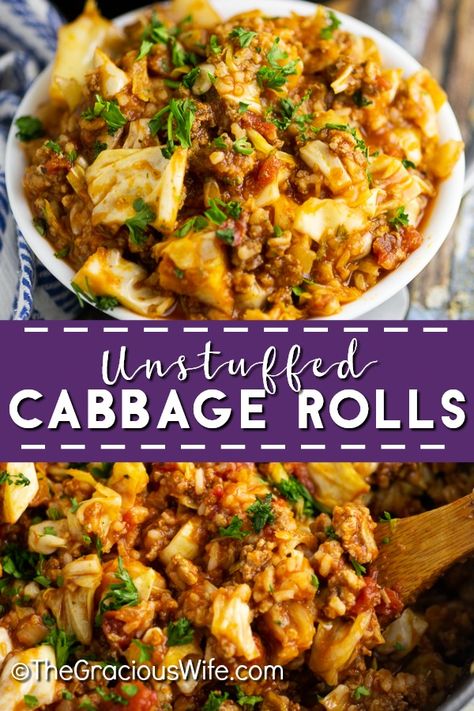 Easy one pot Unstuffed Cabbage Rolls are a delicious, simple way to enjoy a classic. A full healthy meal in a bowl with rice that the whole family will love. Gluten free, dairy free, low carb and keto options. Cabbage Roll In A Bowl Keto, Cabbage Rolls Unstuffed, Stuffed Cabbage Bowl, Cabbage Rolls Bowl, Keto Cabbage Roll Skillet, Keto Unstuffed Cabbage Rolls, Cabbage Rolls In A Bowl, Skillet Cabbage Rolls, Cabbage Roll In A Bowl Recipe