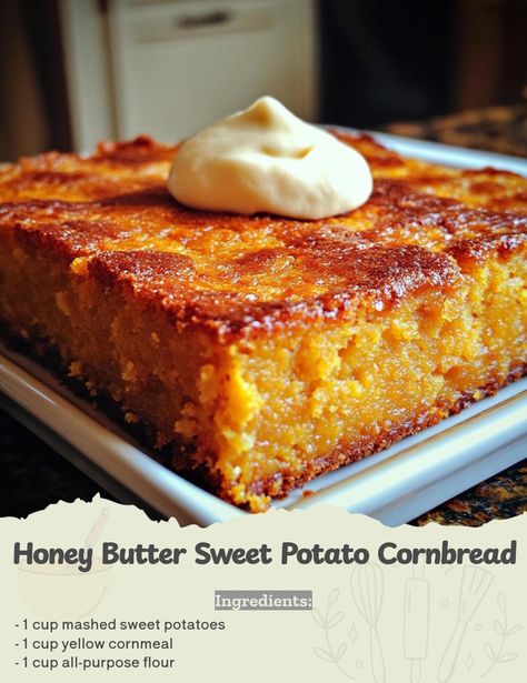 Honey Butter Sweet Potato Cornbread   ￼  Ingredients  1 cup mashed sweet potatoes  1 cup yellow cornmeal  1 cup all-purpose flour  1/4 cup honey  1 tablespoon baking powder  1/2 teaspoon salt  2 large eggs  1/2 cup melted butter  1 cup buttermilk  1/4 cup honey (for the butter)  1/2 cup softened butter (for the butter)   Directions  1. Preheat your oven to 375°F (190°C) and generously grease a 9x9-inch baking dish.  2. In a mixing bowl, whisk together the yellow cornmeal, all-purpose flour, baking powder, and salt until well combined.  3. In a separate bowl, blend the mashed sweet potatoes, eggs, melted butter, and buttermilk until the mixture is smooth and creamy.  4. Gradually fold the wet ingredients into the dry mixture using a spatula, taking care not to overmix; just stir until combi Corn Muffin Mix Ideas, Non Dairy Foods, Unique Cornbread Recipes, Honey Butter Sweet Potato Cornbread, Cornbread Butter, Cornbread Dessert, Breakfast Southern, Cornmeal Cornbread, Sweet Potato Cornbread