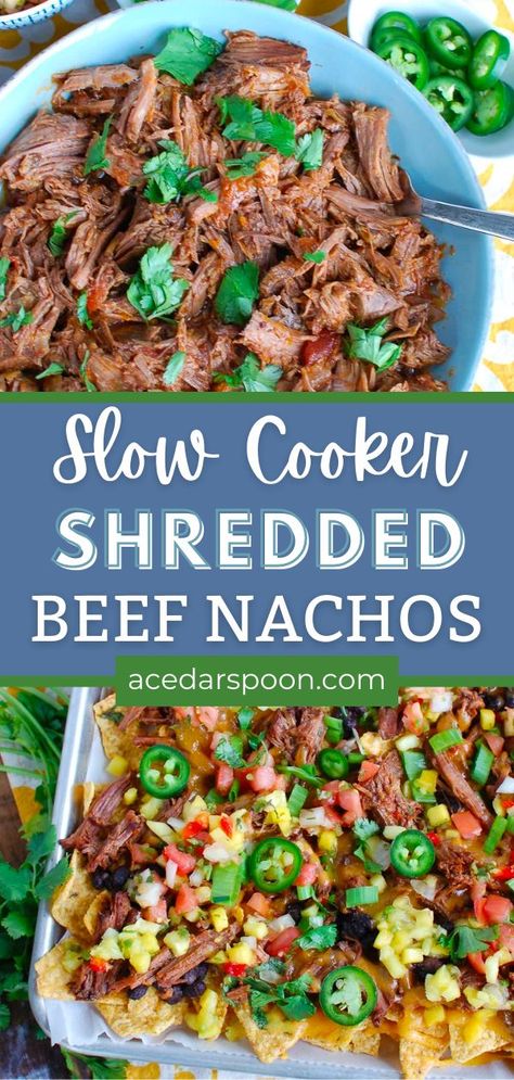 Spice up your next celebration or game day with these flavor-packed beef nachos! They're made with slow-cooked shredded beef, black beans, salsa, jalapeños, cheese and other Mexican ingredients. Serve them as an easy weeknight meal or crowd-pleasing appetizer and get ready to indulge in the flavorful combination of crunchy chips and Mexican flavors. Roast Beef Nachos, Shredded Beef Nachos, Easy Beef Nachos, Mexican Ingredients, Nachos Loaded, Nachos Recipe Beef, Slow Cooker Shredded Beef, Beef Nachos, Hearty Lunch