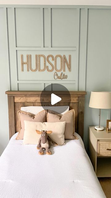 Katie Sharpe | DIY Tutorials | Home Decor | Interior Design on Instagram: "I’m sharing the accent wall I installed last summer in my son’s room. This was a simple accent wall using 1x2 boards! I also framed out the name sign I got from @homeandharmonydesign I haven’t started my next big project yet, but I plan to soon and it will be a room makeover for my other son! I’m sure I’ll be adding an accent wall in that room too but I’m still planning out the details! Do you like accent walls? #accentwall #diy #diyprojects #boysroom #wallmakeover #diywall #powertools #harborfreight @harborfreight #bluewalls #homeimprovementprojects #roommakeover #bedroommakeover #accentwallideas #diymom #diyforlife #homeinspo #mydiyhome #myinstahome #beforeandafter #beforeandafterhomeedition #roomtransforma Board And Pattern Wall, Boys Accent Wall Bedroom, Accent Wall In Kitchen Ideas, Boys Room Board And Batten, Boys Room Board And Batten Wall, Kids Accent Wall Boys, Espresso Bed Boys Room Ship Lap, Boys Bedroom Brick Accent Wall, Simple Accent Wall