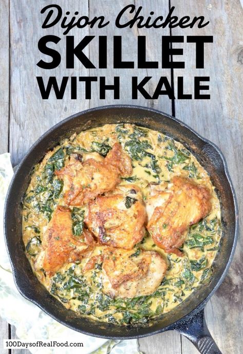 Dijon Chicken Skillet with Kale Chicken And Kale Recipes, Quick Ramen, Chicken And Kale, Real Food Dinner, Kale Recipe, Chicken Kale, 100 Days Of Real Food, Dijon Chicken, Ramen Bowls