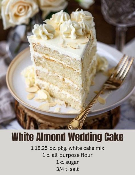 Amaretto Wedding Cake Recipe, Moist White Wedding Cake, Wedding Cake Flavored Cake, How To Make White Cake Mix Taste Like Wedding Cake, Wedding Cake Flavor Recipe, Vanilla Almond Wedding Cake Recipe, Cake Mix Almond Cake, Almond White Cake Mix Recipes, Wedding Almond Cake