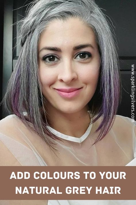 coloring grey hair Gray Hair With Pops Of Color, Grey Hair With Pop Of Color, Grey Hair With A Pop Of Color, Gray Hair With Colored Ends, Fun Grey Hair Color Ideas, Fun Gray Hair For Women, Adding Highlights To Grey Hair, Fun Colors For Grey Hair, Color Streaks In Gray Hair