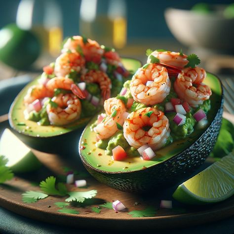 Shrimp-Stuffed Avocado Halves Shrimp Cocktail With Avocado, Shrimp Stuffed Avocado, Avocado Cucumber Shrimp Appetizers, Crab Stuffed Avocado, Iraqi Cuisine, Shrimp Stuffed, Stuffed Avocado, Catering Food Displays, Shrimp Avocado