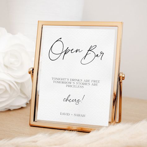 Open Bar Wedding Sign, Minimalist Open Bar Sign Printable, Modern Wedding Bar Sign, The Drinks are on Us, 5x7 or 8x10 size, edit in Corjl by CreativePapier on Etsy Open Bar Signs For Wedding, Open Bar At Wedding, Drinks Are On Us Wedding Sign, Modern Wedding Bar, Open Bar Wedding Sign, Bar Wedding Sign, Open Bar Wedding, Open Bar Sign, Minimalist Bar