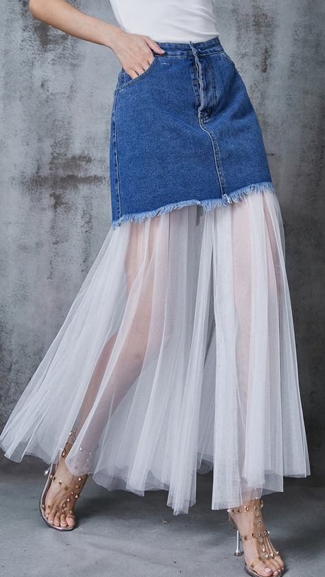 Fabric: Denim Fabric£¬Tulle Size & Fit: This garment fits true to size. Length: Size S measures 38.22"from waist to hem. Waist:Fitted - very fitted at natural waist Hip: Loosely Fitted. room for hips. Hand Wash Cold. Tule Skirt Outfits 2023, Skirt From Shirt, Denim Long Skirt Outfit, Upcycled Denim Skirt, Refashioning Clothes, Cotton Tunics For Women, Denim Diy Clothes, Ropa Upcycling, Clothes Upcycle