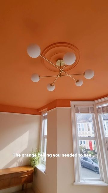 Patterned Ceiling Painted, Orange Painted Ceiling, Orange Ceiling Living Room, Half Orange Wall, Painted Ceiling And Trim, Orange Ceiling Bedroom, Orange Trim Interior, Colorful Ceiling Ideas, Coral Ceiling