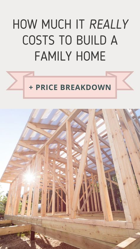 Timber house frame with text overlay reading "How much it really costs to build a family home + price breakdown" Money Saving Home Building Tips, How To Design Your Dream House, How Much Does It Cost To Build A House, Building First Home, Diy Home Building On A Budget, Cost Of Building A House, Cost To Build A House Calculator, Inexpensive Houses To Build, New Build Must Haves 2023